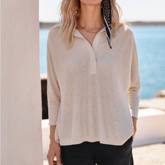 GARNET HILL XS Arden Oversized Linen V-Neck Polo Sweater - Picture 6 of 10